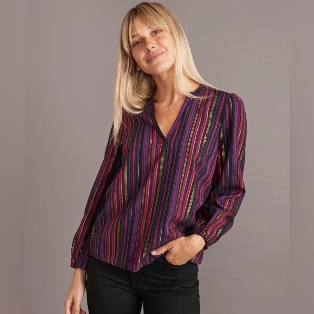 MARINE LAYER Jamie Banded Collar Top Lurex Multi Stripe Gold Size Medium M